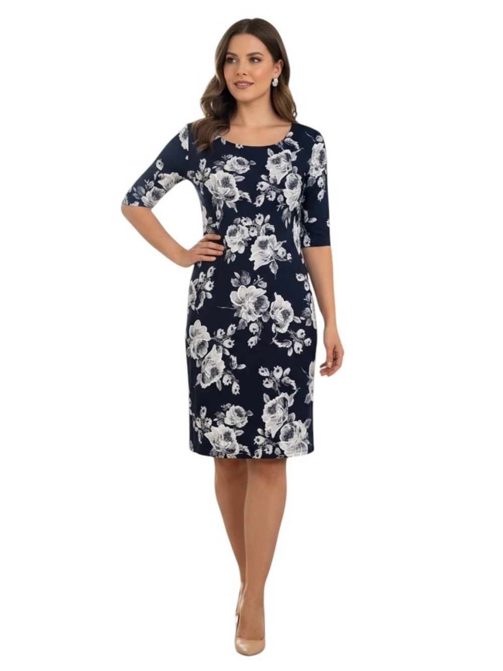 NWT Navy and White Floral Dress Short Sleeve Size 12